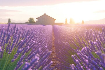 Lavender field at sunrise, a picturesque French countryside scene