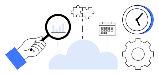 Hand holding magnifying glass over cloud with chart, puzzle pieces, calendar, clock, and gear. Ideal for analysis, cloud computing, teamwork, productivity time management system optimization