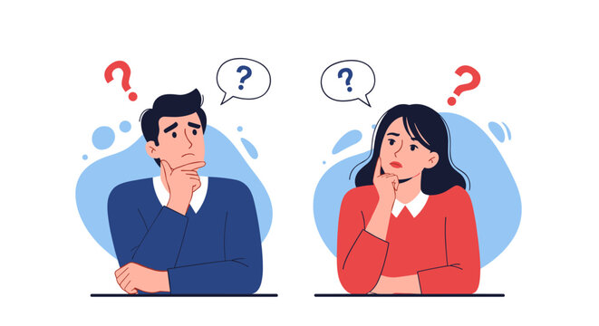 Two people are thoughtfully contemplating with question marks above their heads in a minimalist style.