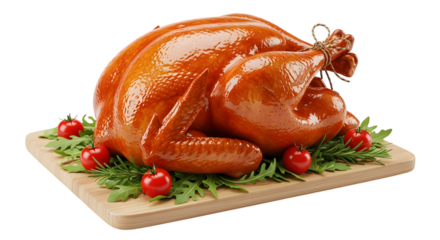 A perfectly roasted, goldenbrown turkey, glazed and garnished with cherry tomatoes and herbs, isolated on a transparent background, ready for a festive meal
