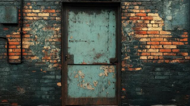 Urban Brick Wall with Weathered Doors and Rustic Texture