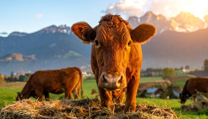 A close-up view of a cow with mountains in the background