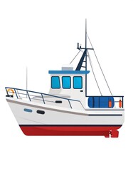 Obraz premium Small fishing boat with red hull, side view