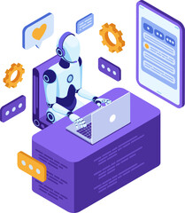 Isometric AI Customer Support Robot Assisting User via Mobile