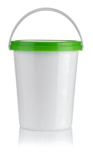 White bucket with green lid on smooth surface top!