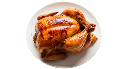 A perfectly roasted whole chicken, golden brown and juicy, isolated on a transparent background, ready to be served as a delicious meal