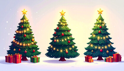 Festive Christmas trees decorated with lights and ornaments, surrounded by colorful presents, perfect for holiday greetings and seasonal promotions