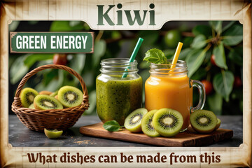 Kiwi jams and smoothies display, rustic sign, green energy -