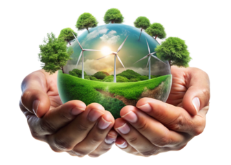 hands holding a green earth isplated on white background