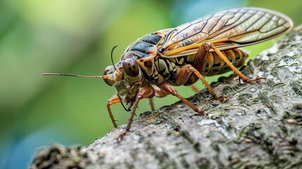Cicada with a hard black or brown exoskeleton, transparent veined wings, and large red eyes, clinging to a tree trunk or green branch in a sunny forest, with subtle sunlight filtering through leaves 
