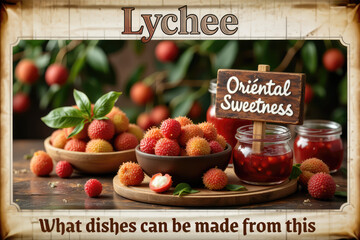 Lychee display, rustic style, warm tones, Oriental sweetness-
