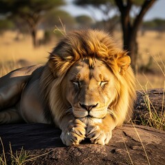 Fototapeta premium Lion Resting Peacefully in the African Savanna Sunlight.
