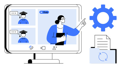 Online instructor engages with students in virtual classroom. Graduation caps, settings gear, and file upload reinforce online education. Ideal for e-learning, webinars, remote teaching, technology