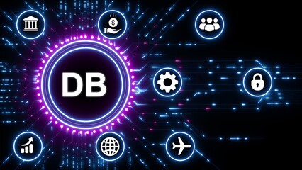 Digital network with DB acronym and technology icons on black background database