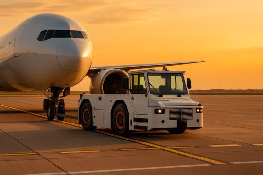 Airplane being pushed back by tow tractor at sunset