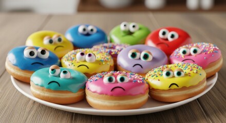 A Plate Full of Sad Donuts with Googly Eyes and Colorful Frosting Decorations