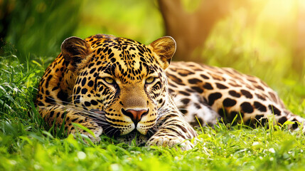 Obraz premium A majestic spotted wild cat rests in lush green grass, bathed in warm sunlight, gazing forward