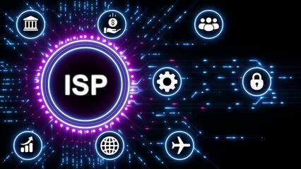 ISP concept with glowing neon circle and interconnected icons on dark background Internet Service Provider