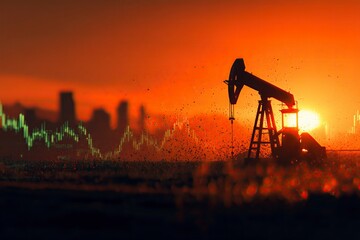 Oil pump jack at sunset with financial chart overlay