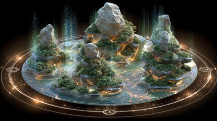 Sui-Tang Dynasties: Three Teachings Fusion - Taoism: Five Sacred Mountains Map, Mountain Energy Symbols, Golden Earth Veins, Earth Core Crystal, China Topographic Map
