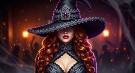 Enchanting Sorceress With Fiery Hair And A Mystical Black Hat At A Gathering