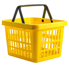 Bright yellow shopping basket, square with a black handle, isolated on black