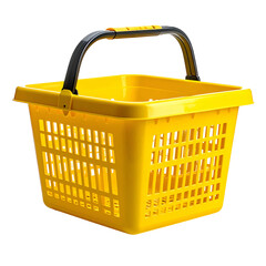 Bright yellow plastic shopping basket, square shape, with black handle, isolated on black