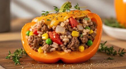 Savory Stuffed Orange Bell Pepper Packed with Ground Beef Rice Vegetables and Melted Cheese