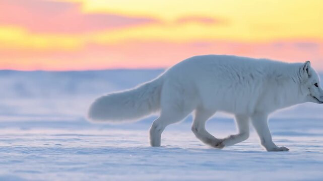Majestic Arctic Fox Roaming Icy Tundra at Sunset.