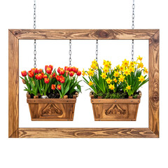 Hanging wooden frame with two planters, red tulips and yellow daffodils