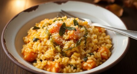 Fototapeta premium Delicious Creamy Butternut Squash Risotto with Crispy Sage and Parmesan Cheese