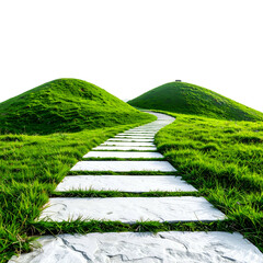 Stone path winds uphill through vibrant green grass and rolling hills against a stark black sky