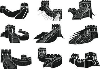 Great Wall of China segments, stylized landmark views, black and white vector illustration for travel, architecture, history, culture, tourism, design
