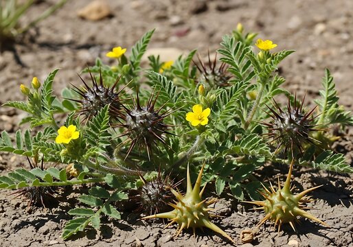 Puncturevine with Yellow Flowers and Thorny Seed Pods on Dry Ground.