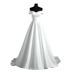 Elegant off-shoulder white wedding gown displayed on a black dress form, a-line skirt