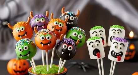 Fototapeta premium Spooky and Sweet Halloween Treats Fun Monster Cake Pops and Marshmallow Pops Decorations