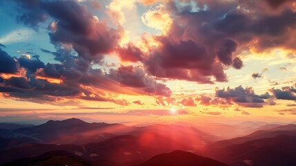 Fototapeta premium Summer Skies: Dramatic Sunrises, Sunset Hues (Red, Orange, Yellow) & Cloudscapes Over Mountain Horizons