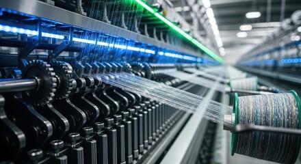 Automated Textile Production Line in Operation with Spools, Gears, and Filament Strands Visible Under Blue and Green Industrial Lighting