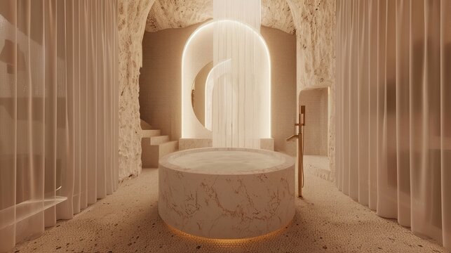 Elegant Marbled Bath Tub in Modern Spa Room with Soft Lighting and Natural Textures