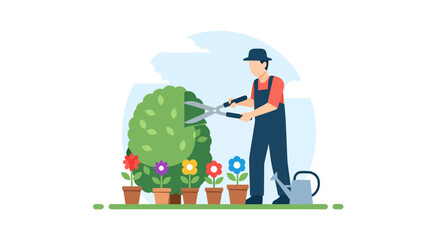 Pruning a Bush in a Colorful Flower Bed Illustration