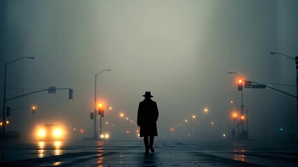 Eerie urban figure walking alone in dense fog Mysterious and cinematic scene