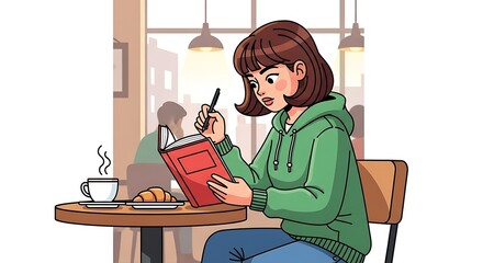 Girl immersed in her journal at a cozy cafe.