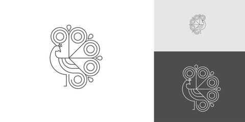 Elegant Stylized Geometric Line Art Peacock Logo Icon.