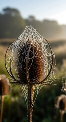 Teasels Delicate Embrace - A Spiderwebs Dew-Kissed Tapestry.