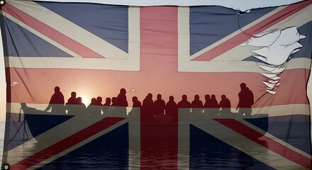 Silhouetted Figures Against Union Jack with Sunset Backdrop.