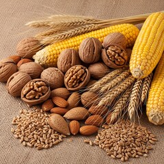 Harvest Bounty - Corn, Nuts, and Grains Displayed on Burlap.
