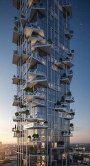 Modern Skyscraper with Balconies and Greenery in Urban Setting.