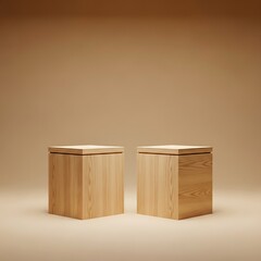 Two Minimalist Wooden Pedestals on Beige Background for Product Display.