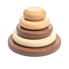 Stacked wooden rings in varying shades of brown and beige, forming a pyramid on black