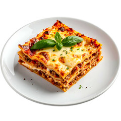 A close-up shot of a square, layered dish on a white plate, topped with herbs